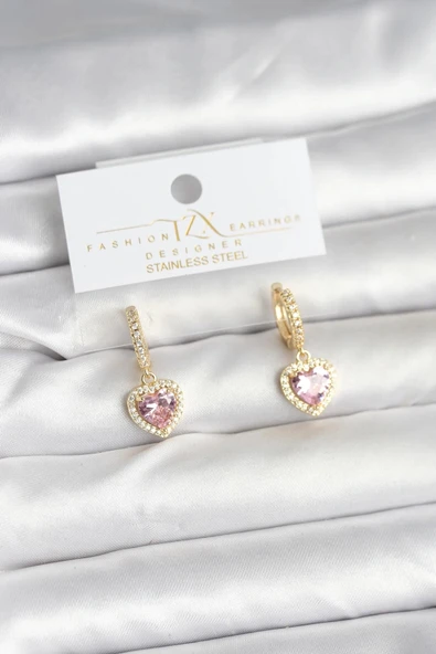 Mey İthalat® Pirinç Gold Pembe Renk Zirkon Taşlı Kalp Model Kadın Küpe ürün görseli 1
