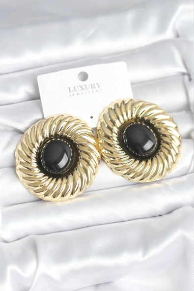 Mey İthalat® Pirinç Gold Renk Siyah Boncuklu Vintage Kadın Küpe ürün görseli 1