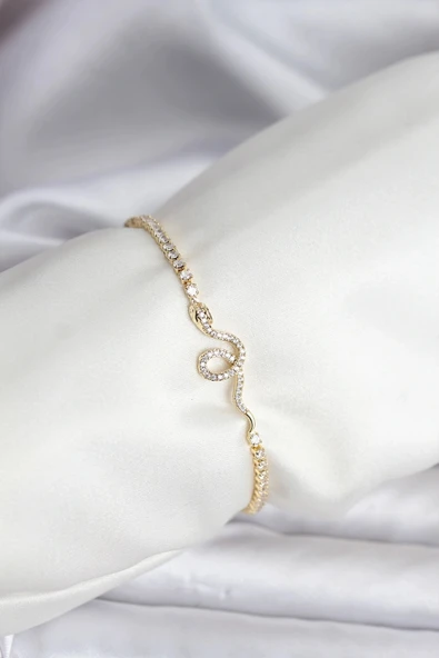 Mey İthalat® Yılan Model Zirkon Taşlı Gold Renk Pirinç Su Yolu Kadın Bileklik ürün görseli 1