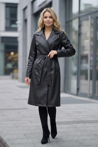 Kemerli Diz Boyu Cepli Kaşe Kadın Deri Kaban Siyah ürün görseli 1