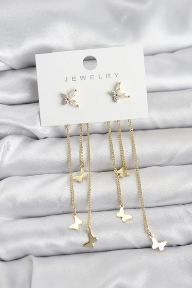 Mey İthalat® Kelebek Model Gold Renk Pirinç Sallantılı Kadın Küpe ürün görseli 1