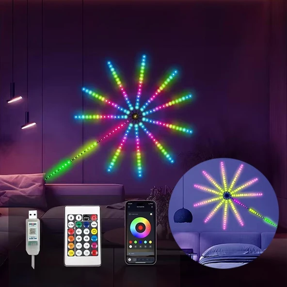 Sunup SN-22231 Bluetooth Havai Fişek LED Seti Sese Duyarlı RGB Rengi Akıllı Şerit Işık 200+ Efektli Oda Aydınlatma ürün görseli 1