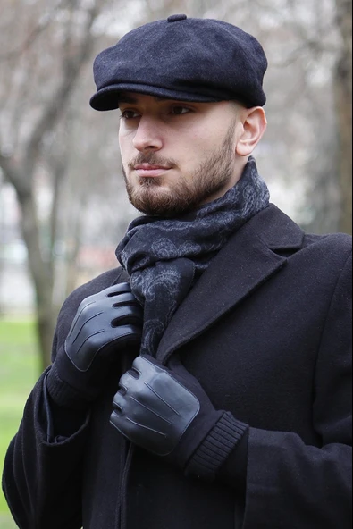Kışlık 8 Parca Kaşmir Düz Renk Siyah Peaky Blinders Model Erkek Kasket London Şapka ürün görseli 1