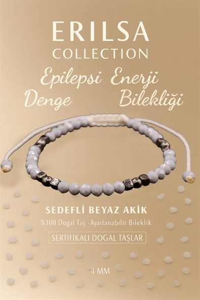 Sertifikalı Epilepsi Denge Enerji Bilekliği - Sedefli Beyaz Akik ve Terahertz Doğal Taş 4 mm ürün görseli 1