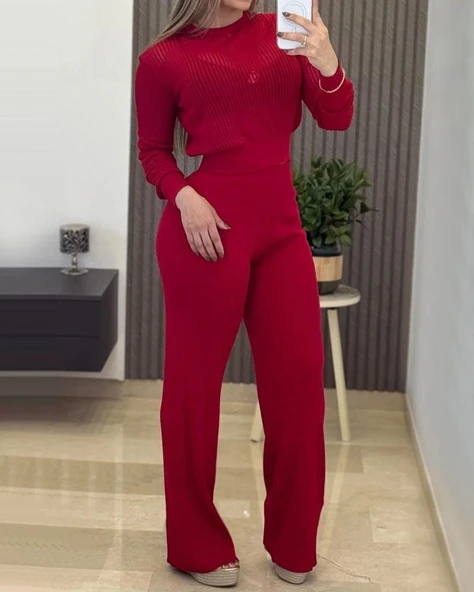 Kadın Uzun Kollu Yuvarlak Yaka Transparan Detaylı Triko Bluz Ve Pantolon Ikili Takım ürün görseli 1