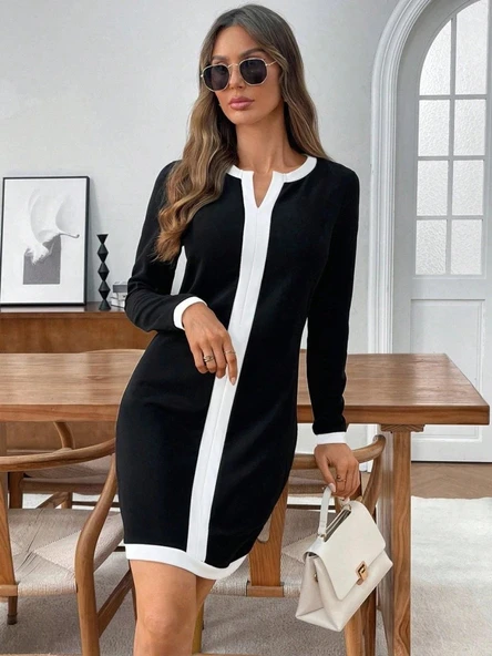 Kadın Uzun Kollu Yuvarlak V Yakalı şerit Detaylı Modal Mini Elbise ürün görseli 1