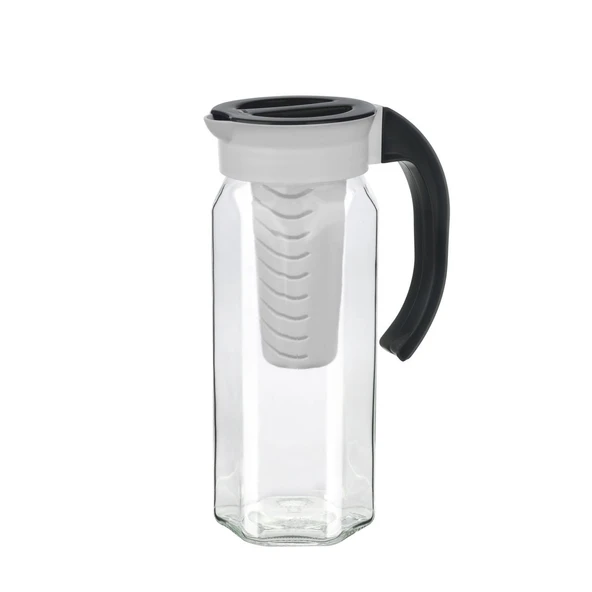 Kapaklı sügeçli cam detox su şişesi 1500 ml.cam sürahi siyah ürün görseli 1