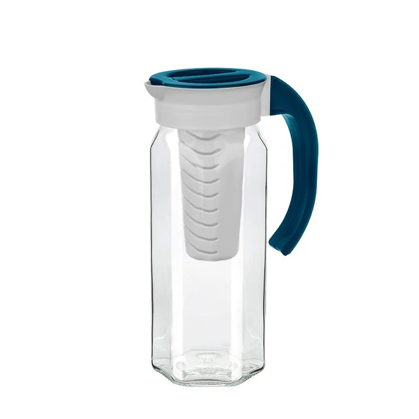 Kapaklı sügeçli cam detox su şişesi 1500 ml.cam sürahi lacivert ürün görseli 1