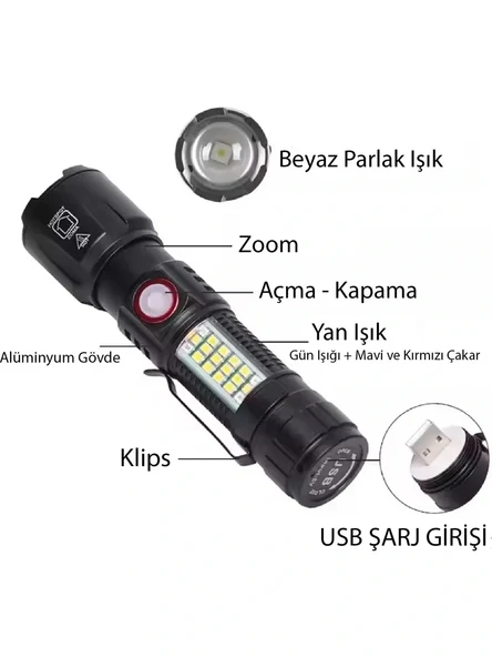 WS-2828 Ultra USB Şarjlı Polis El Feneri, Bekçi, Asker El Feneri Kırmızı Mavi Çakarlı 1000 Lümen (2818) ürün görseli 1