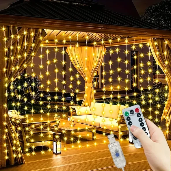 300 Ledli 10 Sarkıt Perde Led Işık-8 Fonksiyon, Uzaktan Kumandalı, 3x3 Metre (2818) ürün görseli 1