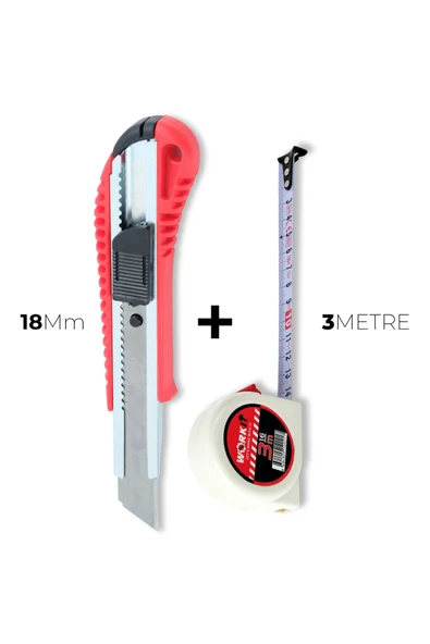 Work It 18mm Plastik Saplı Maket Bıçağı & 3m Şerit Metre ürün görseli 1