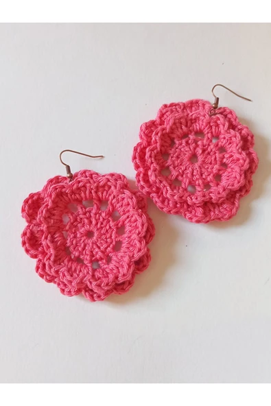 Crochet Örme Pembe Çiçek Küpe - Resim 2