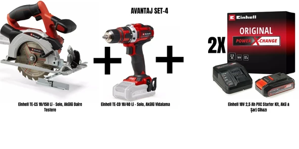 Einhell Set-4 (Einhell TE-CS 18/150 Li Akülü Daire Testere+Einhell TE-CD 18/40 Li Akülü Vidalama+2xEinhell 18V 2,5 Ah PXC Starter Kit, Akü & Şarj Cihazı) ürün görseli 1