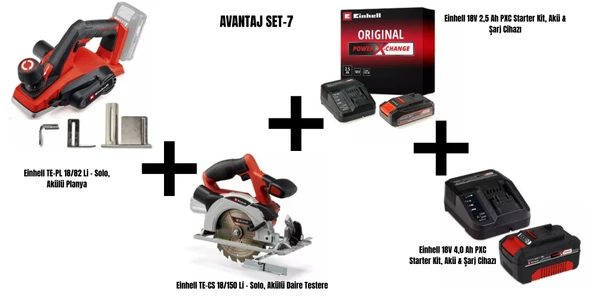 Einhell Set-7( TE-PL 18/82 Li Akülü Planya+TE-CS 18/150 Li Akülü Daire Testere+18V 2,5 Ah PXC Starter Kit, Akü & Şarj Cihazı+18V 4,0 Ah PXC Starter Kit, Akü & Şarj Cihazı) ürün görseli 1