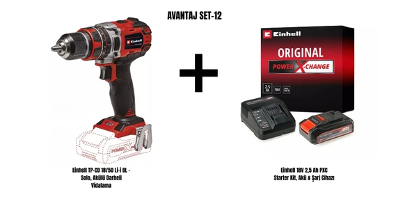 Einhell Set-12 (Einhell TP-CD 18/50 Li-i BL Akülü Darbeli Vidalama+Einhell 18V 2,5 Ah PXC Starter Kit, Akü & Şarj Cihazı) ürün görseli 1