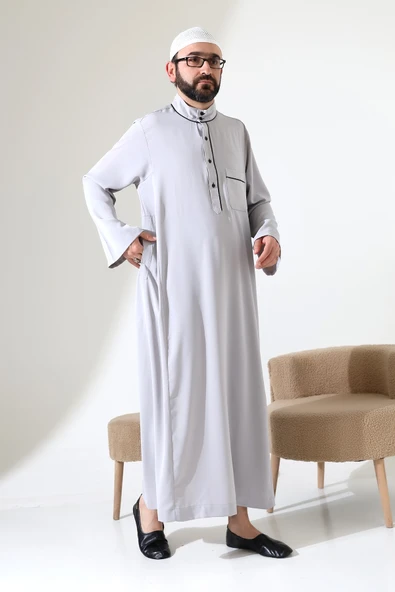 Erkek Hac ve Umre Kıyafeti Hakim Yaka Uzun Dubai Krep Cellabiye Fistan - Gri ürün görseli 1
