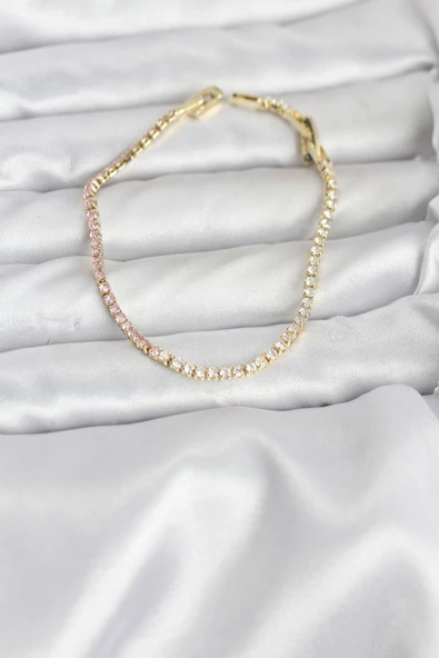 Pembe ve Beyaz Zirkon Taşlı Gold Renk Su Yolu Kadın Bileklik TJ-BB8150 ürün görseli 1