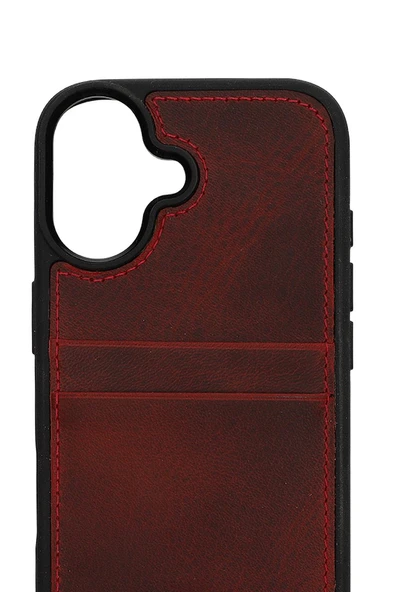 Retro Kartlıklı Premium Deri Kılıf iPhone 17 Rustik Bordo ürün görseli 1
