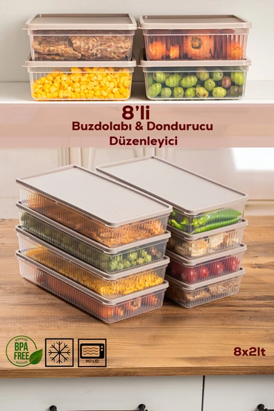 Porsima 5310 8li Buzdolabı Organizeri Mikrodalga Ve Derin Dondurucu Buzluk Bakliyat Saklama Kabı - 2lt Cappuccino ürün görseli 1