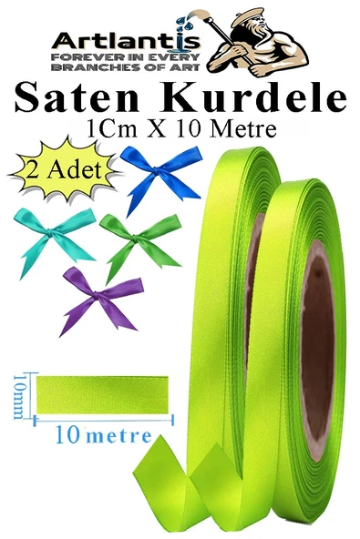 Açık Yeşil Kurdele Saten 1 Cm 10 Metre 2 Adet Saten Kurdela Parlak Hediye ve Süsleme Şeridi Süs Paketleme Çiçek Saç El ürün görseli 1