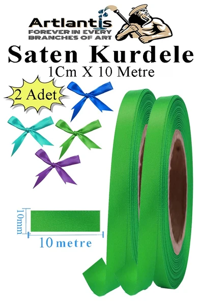 Yeşil Kurdele Saten 1 Cm 10 Metre 2 Adet Saten Kurdela Parlak Hediye ve Süsleme Şeridi Süs Paketleme Çiçek Saç El ürün görseli 1