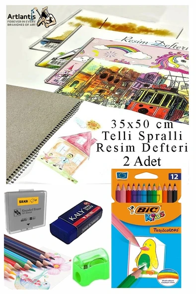 12 Renk Bic Kuru Boya 35x50 cm Telli Spralli Resim Defteri Hamur Silgi Kalemtraş 15 Yaprak Resim Defteri Kuruboya Kalem ürün görseli 1
