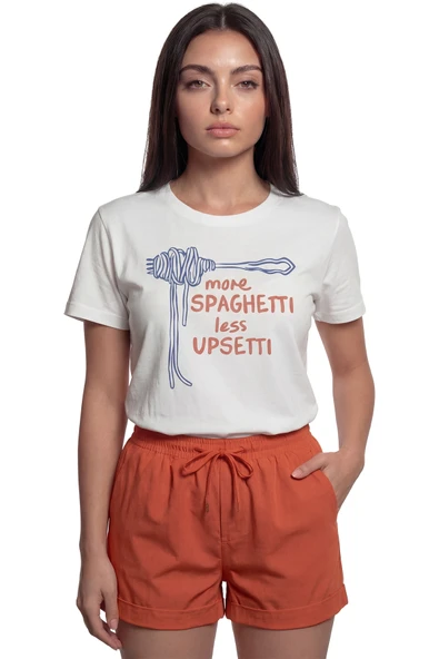 ''More Spaghetti Less Upset(ti)'' Yazılı Baskılı %100 Pamuk Rahat Kesim Premium Kadın Tişört ürün görseli 1