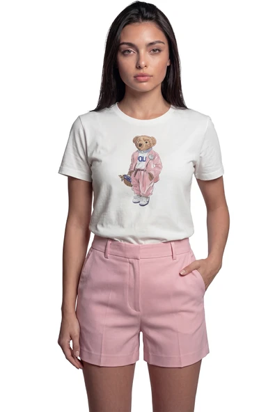 ''Pink Jumpsuit Bear'' Şık Ayıcık Baskılı %100 Pamuk Rahat Kesim Premium Kadın Tişört ürün görseli 1