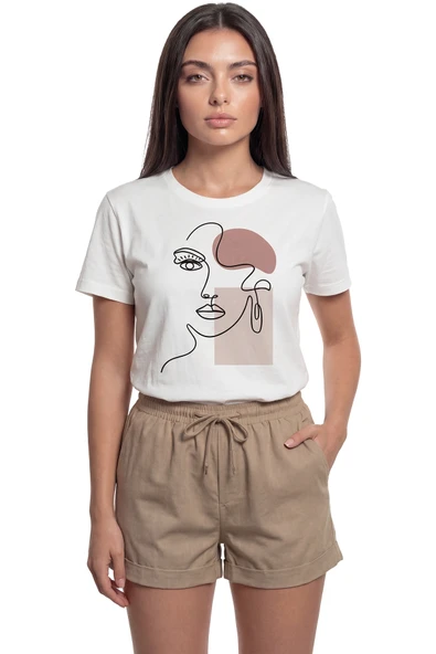 ''Abstract Face'' Minimalist Sanatsal Baskılı %100 Pamuk Rahat Kesim Premium Kadın Tişört ürün görseli 1