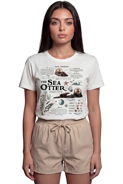 ''The Sea Otter'' Bilimsel İllüstrasyon Baskılı %100 Pamuk Rahat Kesim Premium Kadın Tişört ürün görseli 1
