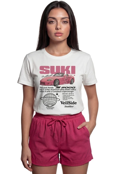 ''Suki S2000'' Pembe Spor Araba Baskılı %100 Pamuk Rahat Kesim Premium Kadın Tişört ürün görseli 1