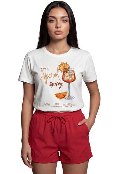 ''The Aperol Spritz'' Kokteyl Baskılı %100 Pamuk Rahat Kesim Premium Kadın Tişört ürün görseli 1