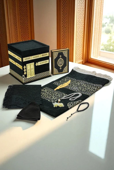 Kabe Maketli Medine Hatlı Kuranı Kerim, Tesbih, Şal ve Seccade Hediyelik Set - Siyah ürün görseli 1