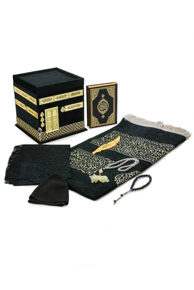 Kabe Maketli Medine Hatlı Kuranı Kerim, Tesbih, Şal ve Seccade Hediyelik Set - Siyah 3