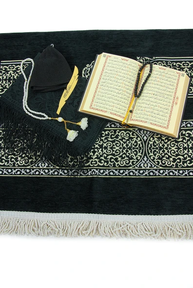 Kabe Maketli Medine Hatlı Kuranı Kerim, Tesbih, Şal ve Seccade Hediyelik Set - Siyah 4