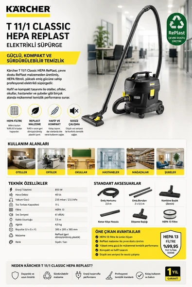 Karcher T 11/1 Classic HEPA RePlast Elektrikli Süpürge Siyah ürün görseli 1