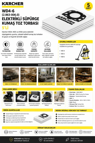 Karcher Wd4-6 (2.863-006.0) Elektrikli Süpürge Kumaş Toz Torbası 5'li ürün görseli 1