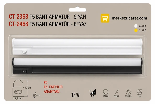 CT-2468 Beyaz Kasa T5 Bant Armatür 15W Beyaz ürün görseli 1