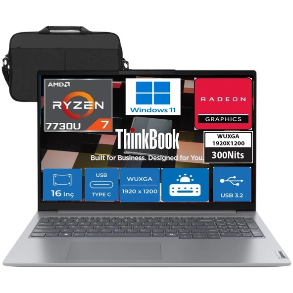 Thinkbook 16 Amd Ryzen 7 7730U 24GB 512GB SSD Amd Radeon Graphics (1920X1200) 16" Wuxga 300NITS IPS Windows 11 Pro Taşınabilir Bilgisayar & Çanta ürün görseli 1