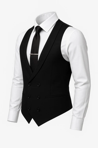 Erkek Slim Fit Siyah V Yaka Kruvaze Yelek - 7476 ürün görseli 1