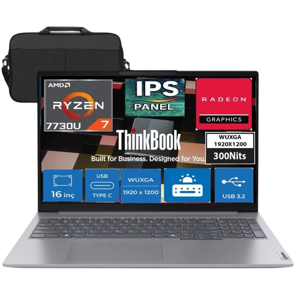 Thinkbook 16 Amd Ryzen 7 7730U 16GB 512GB SSD Amd Radeon Graphics (1920X1200) 16" Wuxga 300NITS IPS Freedos Taşınabilir Bilgisayar & Çanta ürün görseli 1