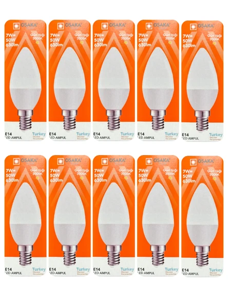 (10 Adet) Osaka 7W (50W) Sarı Işık (3000K) E14 Duylu (İnce Duy) Led Mum Ampul ürün görseli 1