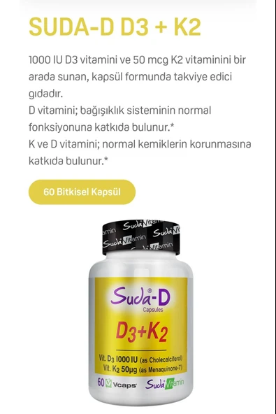 Suda Vitamin D3+K2 Vitamini 60  Kapsül - Resim 2