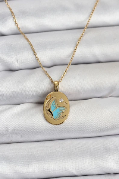316L Çelik Zincir Gold Renk Kelebek Figür Kadın Kolye - TJ-BKO10755 ürün görseli 1