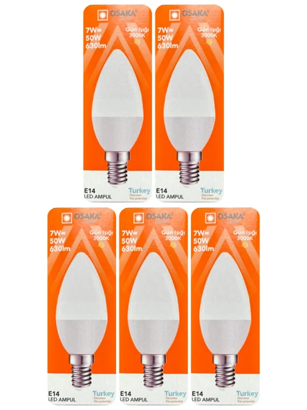 (5 Adet) Osaka 7W (50W) Sarı Işık (3000K) E14 Duylu (İnce Duy) Led Mum Ampul ürün görseli 1