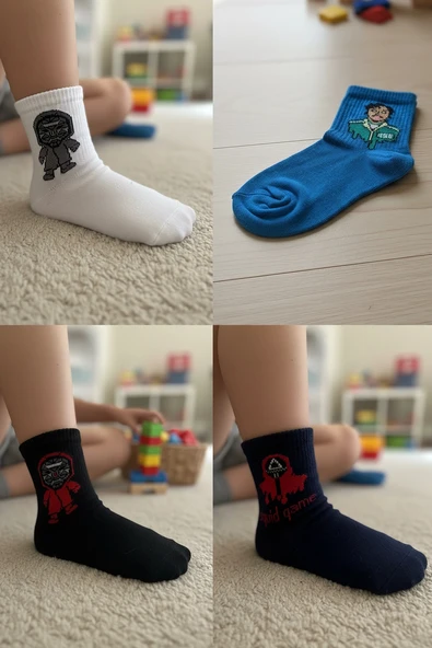 4'lü Paket Squid Game Desenli Çocuk Çorabı - Pamuklu Yumuşak Dokulu Çocuk Soket Çorap Seti ürün görseli 1
