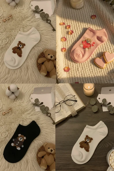 CozyBear 4'lü Pamuklu Soket Çorap Seti - Yumuşak Dokulu Ayıcık Serisi ürün görseli 1