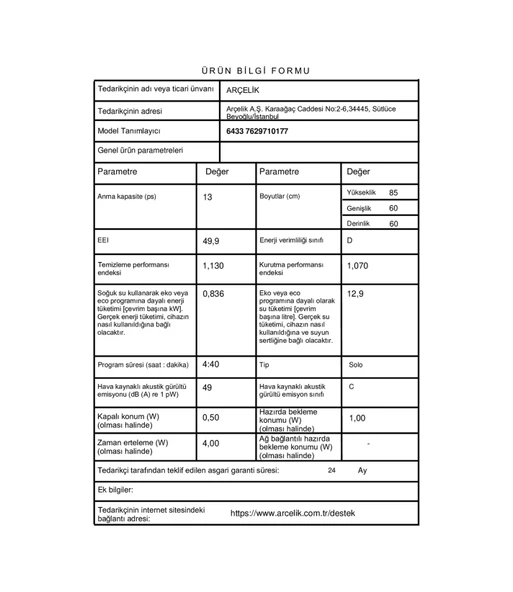 Arçelik 6433 13 Kişilik 3 Programlı Bulaşık Makinesi - Resim 4