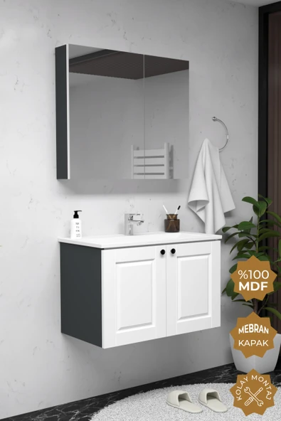 Teta Home Aldera 65 cm MDF Gövde Membran Kapak Banyo Dolabı Seti  Antrasit-Beyaz ürün görseli 1