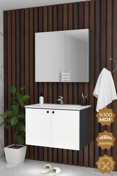Teta Home Torino 65 cm MDF Gövde Membran Kapak Banyo Dolabı Seti  Antrasit-Beyaz ürün görseli 1